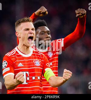 Munic, Deutschland. 8. März 2023. Schlussjubel: Joshua Kimmich (München), Alphonso Davies (München) Bayern Munic - Paris Saint Germain Bayern München Stockfoto