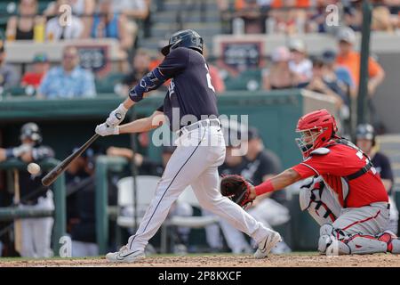 Lakeland FL USA; während eines MLB-Frühjahrstrainings im Publix Field im Joker Marchant Stadium. Die Tigers schlugen die Nationals 2-1. (Kim Hukari/Bild o Stockfoto