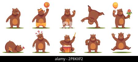Komischer Bärencharakter. Süße Cartoon-Teddymaskottchen, komische flauschige Zootiere in verschiedenen Posen und Situationen, niedlicher pelziger Grizzly. Vektorflachsatz Stock Vektor