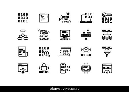 Symbole der Codezeile programmieren. Kompilierung und Ausführung von binärem Hex- und Maschinencode, Software- und Betriebssystementwicklung. Vektor bearbeitbare Kontur Stock Vektor