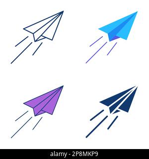 Fliegendes Flugzeugsymbol in flacher und linienförmiger Form. Origami-Flugzeugsymbol. Vektordarstellung. Stock Vektor