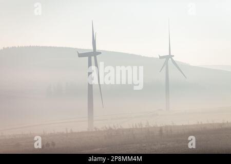 Zwei Windturbinen in Nebel an der schottischen Grenze Stockfoto