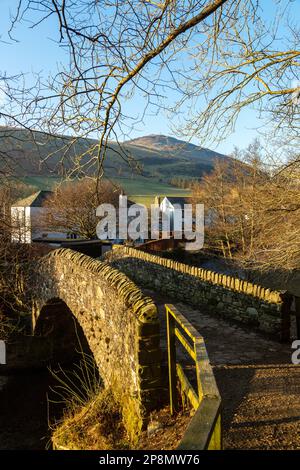 Die Cuddy Bridge eine einbeinige Pferdebrücke, die das Leithen-Wasser überquert, wurde 1701 erbaut Stockfoto