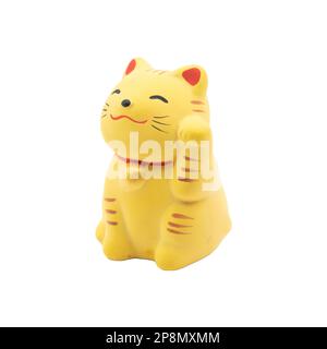 Maneki-neko-Geldkatze oder Wohlstandskatze isoliert auf weißem Hintergrund ist ein Symbol für Glück, Wohlstand und Glück. Stockfoto