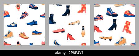 Schuhmuster. Nahtloses Design mit Sneakern, Stiefeln mit hohen Absätzen, Freizeitschuhen, Herren Damenschuhen für Tapeten oder Geschenkdesign. Vektortextur Stock Vektor