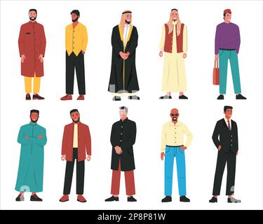 Muslimische Männer. Moderne arabische männliche Figuren in traditioneller arabischer Kleidung und stilvollen, lässigen Outfits, Porträts islamischer Menschen. Vektor-Cartoon-Set Stock Vektor