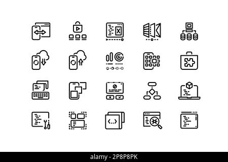 Liniensymbole für die App-Entwicklung. Software-Codierung, Front- und Backend-Entwicklung, UI-Layout und Leistungsoptimierung. Bearbeitbare Konturensammlung für Vektoren Stock Vektor