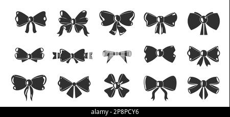 Schwarze Schleifensymbole. Dekorative Silhouetten in verschiedenen Formen, Geschenkbänder und kunstvoll verzierte Elemente für Partyfeiern. Vektor isoliert Stock Vektor