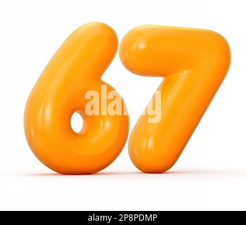 Eine 3D-Darstellung von glänzendem orangefarbenem Gelee Nummer 67 isoliert auf weißem Hintergrund Stockfoto