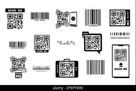 Barcodes und QR-Codes. Leicht zu identifizierende Etiketten auf Verpackungen, Smartphone-Rahmen mit scanbaren Informationen, Scandaten und Verifizierung Stock Vektor