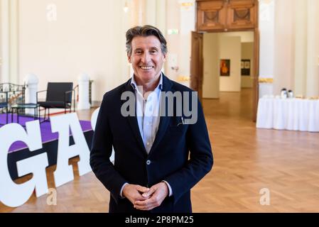 RIGA, LETTLAND. 9. März 2023 Sebastian Coe, Präsident der Leichtathletik (IAAF) nach der Pressekonferenz der bevorstehenden Halbmarathon-Weltmeisterschaft in Riga. Stockfoto