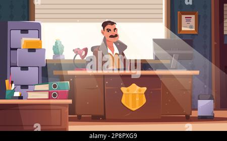 Detektiv im Amt. Polizeibeamter Cartoon-Figur im Untersuchungsschrank, Privatagent mit Tatortermittlungsausschuss. Vektor Stock Vektor