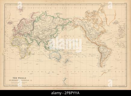 The World on Mercator's Projection von John Bartholomew 1859 alte antike Karte Stockfoto