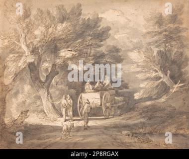 Bewaldete Landschaft mit Country Cart und Figuren, die etwa 1760 von Thomas Gainsborough eine Gasse entlanglaufen Stockfoto