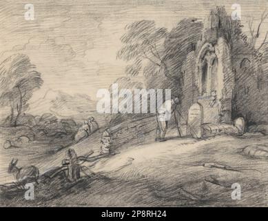 Bewaldete Landschaft mit Peasant Reading eine Inschrift auf einem Grabstein neben einer Ruine aus Kirche, Figuren, Esel, Schafen und fernen Bergen 1742 von Thomas Gainsborough Stockfoto