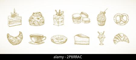 Dessert Sweets Handgezeichnete Pudelvektoren-Illustrationen. Kuchen, Donut, Eiscreme, Kaffee, Makronen und Croissant Buns, konfektionärer Sketch Style Stock Vektor