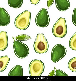 Vector Avocado Nahtloses Muster, dekorativer, sich wiederholender Hintergrund mit ausgeschnittener Darstellung reifer Avocado mit grünen Blättern für Geschenkpapier, Gruppe Stock Vektor