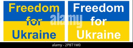 Inschrift der Freiheit für die Ukraine auf der Nationalflagge. Stockfoto
