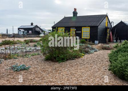 Prospect Cottage ist das ehemalige Heim und Heiligtum des Künstlers, Filmemachers, Schwulenrechtsaktivisten und Gärtners Derek Jarman (1942 - 1994) auf Dungeness Beac Stockfoto