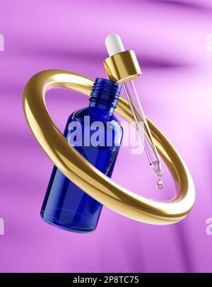 Blue Dropper Serum Bottle Mockup with Troplets – 3D Illustration Rendering Stockfoto