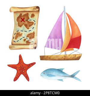 Set von Illustrationen - Schatzkarte, Segelboot, Fisch und Seesterne. In Aquarell gezeichnet, auf weißem Hintergrund iloliert. Aus dem nautischen Clipart-Set. Für Stockfoto