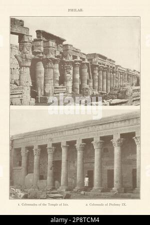 PHILAE. Kolonnaden des Tempels der Isis. Kolonnade von Ptolemäus IX Ägypten 1907 Stockfoto