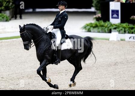 DEN BOSCH – Hans Peter Minderhoud (NED) auf Glocks Dream Boy während des Qualifikationsverbands zur Weltmeisterschaft, während der Dutch Masters Indoor Brabant Horse Show. ANP SANDER KONING niederlande raus - belgien raus Stockfoto