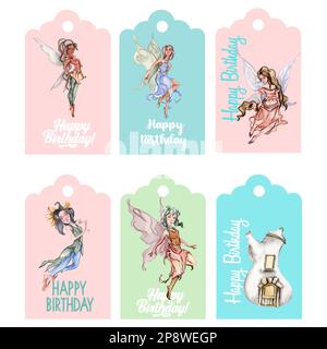 Ein Satz Geburtstagsschilder. Abbildung isoliert auf weißem Hintergrund. Aquarell-Illustration mit Märchen. Vorlagenetikett-Set. Hochzeitskuchen-Design. Stockfoto