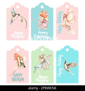 Ein Satz Geburtstagsschilder. Abbildung isoliert auf weißem Hintergrund. Aquarell-Illustration mit Märchen. Vorlagenetikett-Set. Hochzeitskuchen-Design. Stockfoto