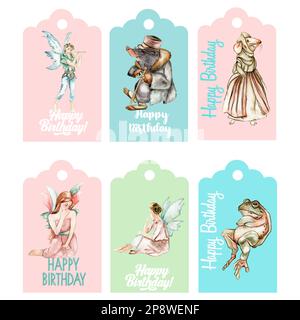 Ein Satz Geburtstagsschilder. Abbildung isoliert auf weißem Hintergrund. Aquarell-Illustration mit Märchen. Vorlagenetikett-Set. Hochzeitskuchen-Design. Stockfoto