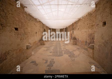 An der Piazza Armerina, Italien, auf der 08-04-23, Villa romana del Casale, die wegen ihrer herrlichen Mosaiken zum UNESCO-Weltkulturerbe gehört Stockfoto