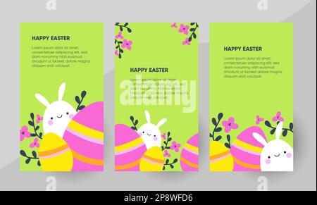 Happy Easter Story Template für soziale Medien mit Osterhasen und Ostereiern. Vektordarstellung im Cartoon-Stil für Poster, Banner oder Beiträge in sozialen Medien. Stock Vektor