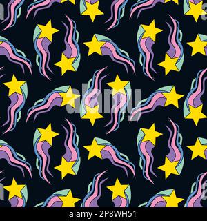 1970 Disco-Hippie-Shooting-Stars im Dunkeln. Fallende Sterne mit regenbogenwellenförmigem Schwanz und nahtlosem Muster. Perfekt für Y2K Retro-Party-Textil-Tapetenposter. Vektordarstellung. Stock Vektor