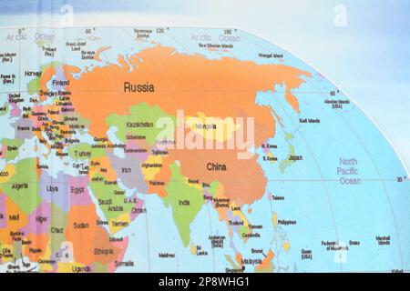 Asien und Teile Afrikas mit Russland, China, Nord, Südkorea, Indien, Arabische Länder des Nahen Ostens, Iran, Pakistan, Ukraine, Japan, Mongolisch Stockfoto