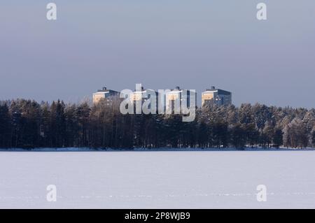 Stadtgebiet in der Ferne. See und Wald auf dieser Seite. Kalter Wintertag und Sonnenschein. Stockfoto