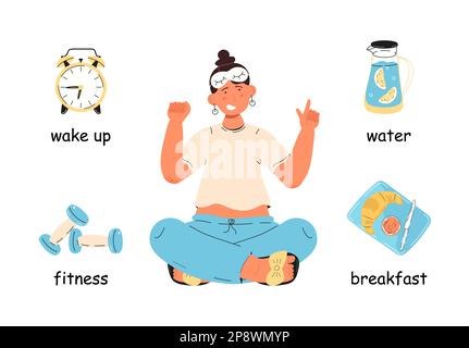 Routinemäßige Tagestipps Infografik-Vektor. Aufwachen, Frühstück am Morgen, Fitness. Stock Vektor
