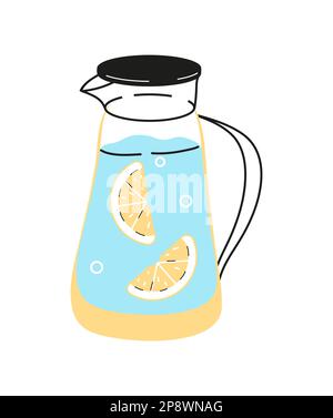 Zitronen-Wasser-Vektor-Illustration im Doodle-Stil. Kanne mit kalter Limonade. Erfrischen Sie Sommergetränke mit Zitrusstücken Stock Vektor