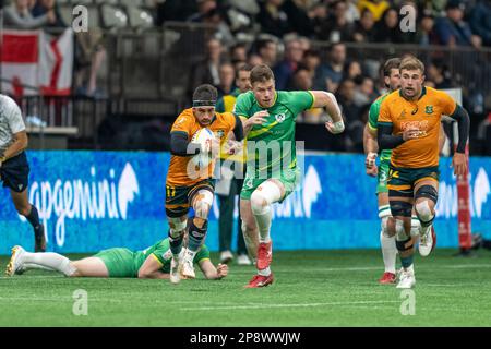 Vancouver, Kanada. 5. März 2023. Maurice Longbottom (L) aus Australien wehrt sich während des 3. Tages gegen den Angriff ab – HSBC Canada Sevens 2023 Bronze Finale Stockfoto