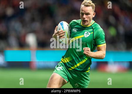 Vancouver, Kanada. 5. März 2023. Niall Comerford of Ireland versucht es am Tag 3 – HSBC Canada Sevens 2023 Bronze-Finale Stockfoto