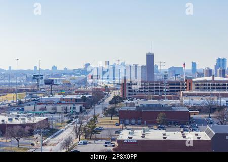 Missouri, FEBRUAR 23 2023 - Blick aus der Vogelperspektive auf die St. Louis City Cape vom Riesenrad Stockfoto