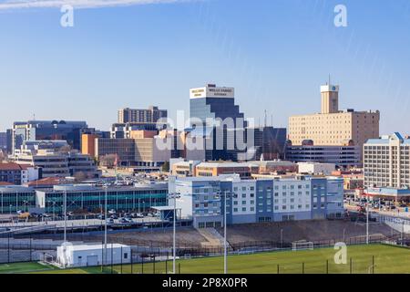 Missouri, FEBRUAR 23 2023 - Blick aus der Vogelperspektive auf die St. Louis City Cape vom Riesenrad Stockfoto