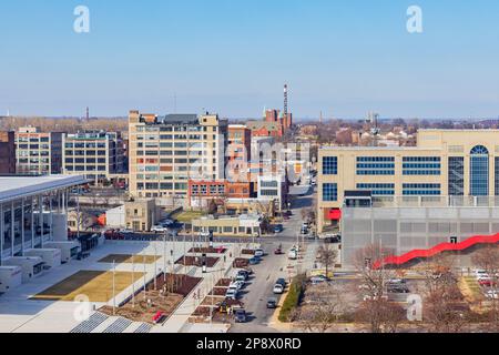 Missouri, FEBRUAR 23 2023 - Blick aus der Vogelperspektive auf die St. Louis City Cape vom Riesenrad Stockfoto