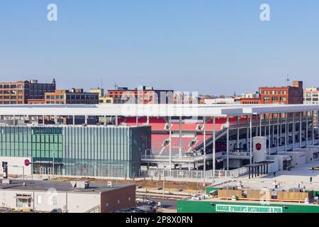 Missouri, FEBRUAR 23 2023 - Blick aus der Vogelperspektive auf die St. Louis City Cape vom Riesenrad Stockfoto