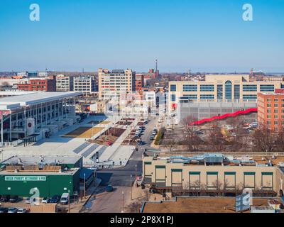 Missouri, FEBRUAR 23 2023 - Blick aus der Vogelperspektive auf die St. Louis City Cape vom Riesenrad Stockfoto