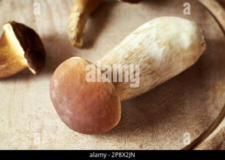 Frische Wildporcini oder King Bolete Pilze auf einem Holztisch Stockfoto