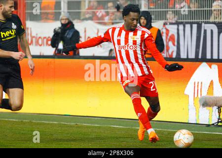 Berlin, Deutschland, 9. März 2023. Sheraldo Becker von 1. Der FC Union Berlin in Aktion während des Spiels zwischen 1. FC Union Berlin vs. Union Saint-Gilloise, sechzehnte Runde, UEFA Europa League 2022/23, Stadion an der Alten Försterei, Berlin, Deutschland, 9. März 2023. Iñaki Esnaola Stockfoto