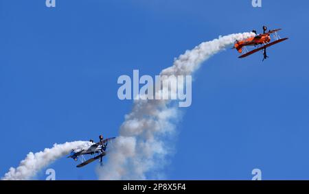 ICKWELL, BEDFORDSHIRE, ENGLAND - 07. AUGUST 2022: Aerosuperbatics Wing Walking Display Team 2 Flugzeuge im Flug. Verkehrt herum. Stockfoto