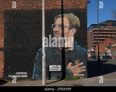 Jurgen Klopp Street Art in Liverpool, Großbritannien Stockfoto