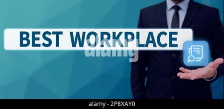 Schild mit der Anzeige „Bester Arbeitsplatz“. Ein Wort über das ideale Unternehmen, um stressfrei mit hoher Vergütung zu arbeiten Stockfoto
