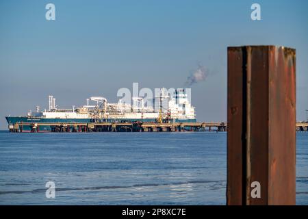 Die Höegh Esperanza, ein LNG-Lager- und -Verdampfungsschiff, ist am LNG-Terminal in der Nähe von Wilhelmshaven festgemacht und baut Schiffsverflüssigtes N.A. um Stockfoto